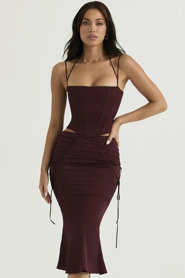House Of CB SidonieWine Satin Lace Up Midi Skirt 8211 SALE Wine Women Skirts