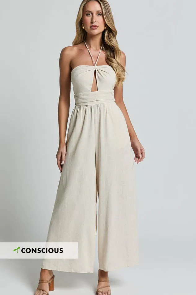 Isla Jumpsuit 8211 Linen Look Halter Neck Jumpsuit In Beige Women Showpo Jumpsuits