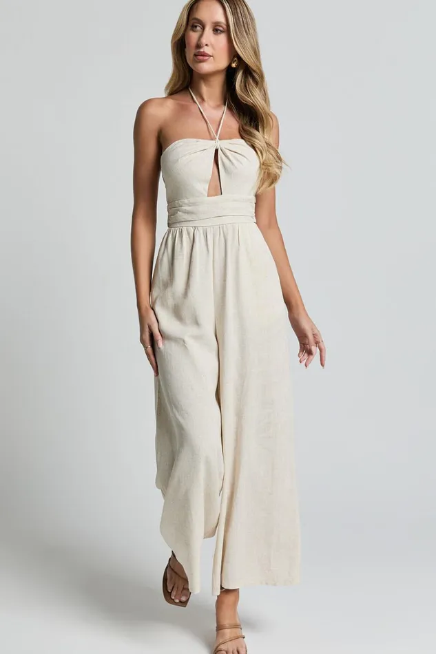 Isla Jumpsuit 8211 Linen Look Halter Neck Jumpsuit In Beige Women Showpo Jumpsuits