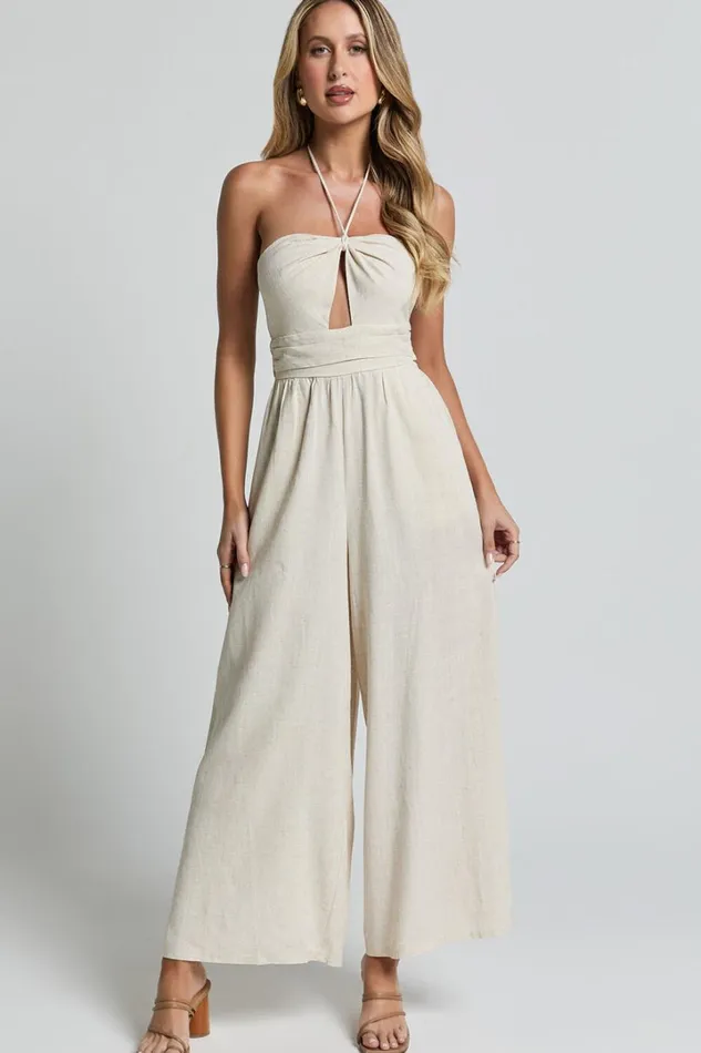 Isla Jumpsuit 8211 Linen Look Halter Neck Jumpsuit In Beige Women Showpo Jumpsuits