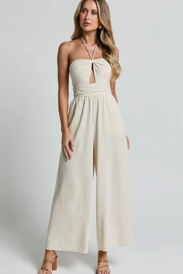 Isla Jumpsuit 8211 Linen Look Halter Neck Jumpsuit In Beige Women Showpo Jumpsuits