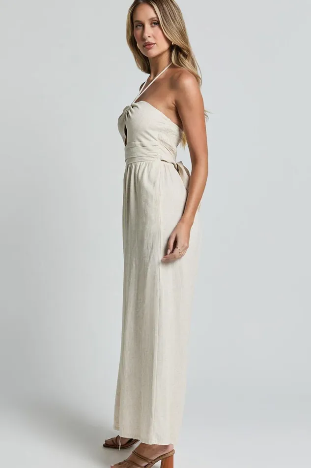 Isla Jumpsuit 8211 Linen Look Halter Neck Jumpsuit In Beige Women Showpo Jumpsuits