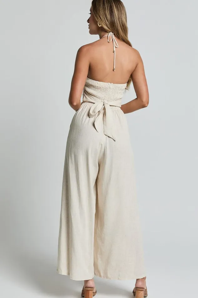 Isla Jumpsuit 8211 Linen Look Halter Neck Jumpsuit In Beige Women Showpo Jumpsuits