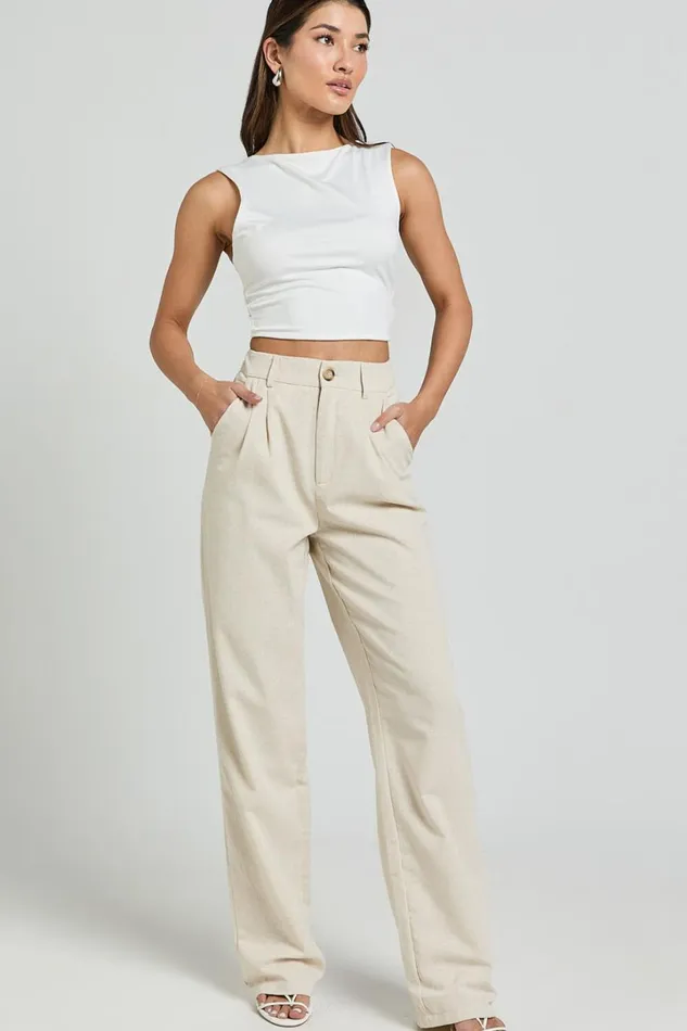 Kiraye Pants 8211 Linen Look High Waist Tailored Pants In Natural Women Showpo Pants