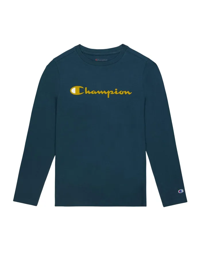 Little Kids LongSleeve TShirt Script Logo Metallic Teal Kids Champion TShirts