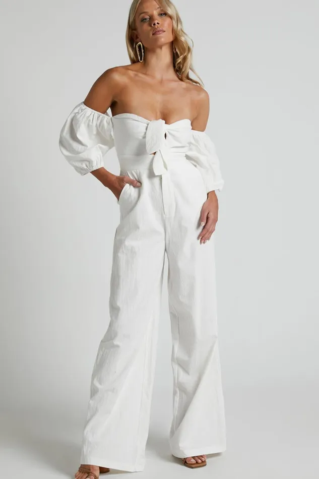 Maja Jumpsuit 8211 Front Tie Off Shoulder Jumpsuit In Off White Women Showpo Jumpsuits