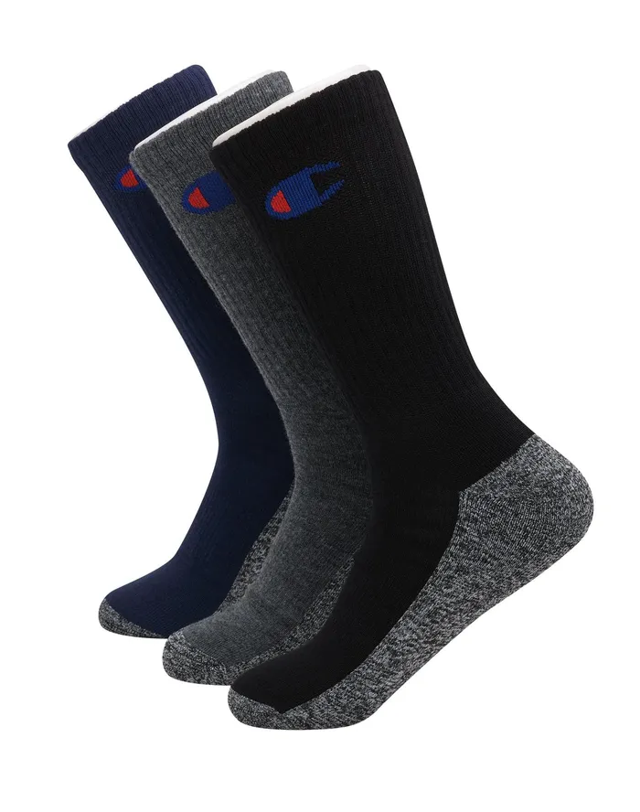 Men039S Crew With Memory Cushion 3Pairs Blackcharcoal Grey Heathernavy Men Champion Socks