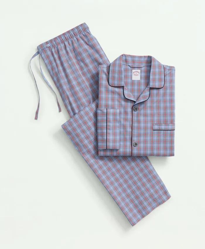 Men Cotton Broadcloth Tartan Pajamas Light Blue Brooks Brothers Pajamas and Robes