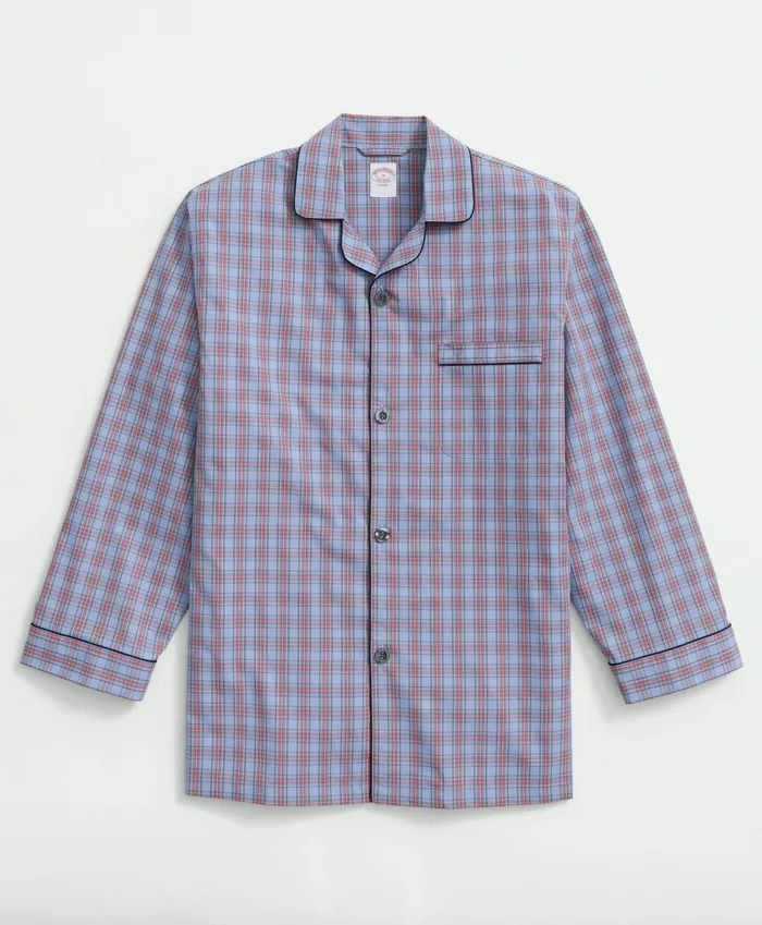 Men Cotton Broadcloth Tartan Pajamas Light Blue Brooks Brothers Pajamas and Robes
