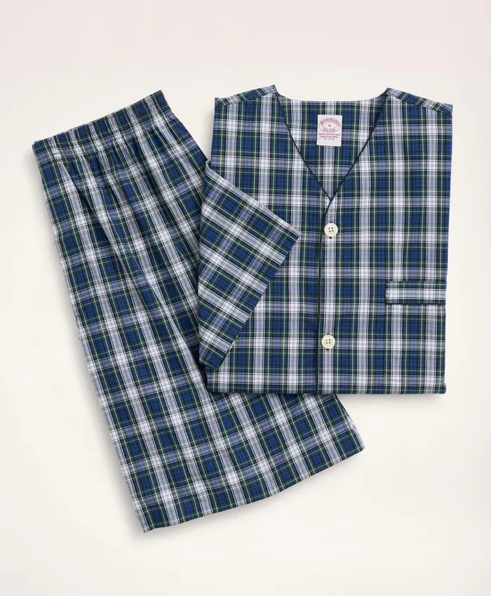 Men Cotton Broadcloth Tartan Short Pajamas Blue Multi Brooks Brothers Pajamas and Robes