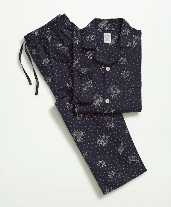 Men Cotton Poplin Henry Print Pajamas Navy Brooks Brothers Pajamas and Robes