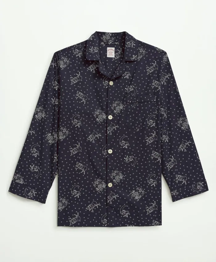 Men Cotton Poplin Henry Print Pajamas Navy Brooks Brothers Pajamas and Robes