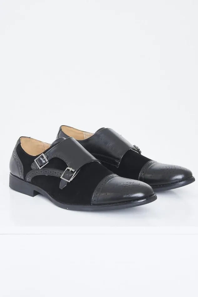 Men Derby With Black Buckles In Bimaterial Imitation Suede Leather Black Brentiny Paris Dress Shoes