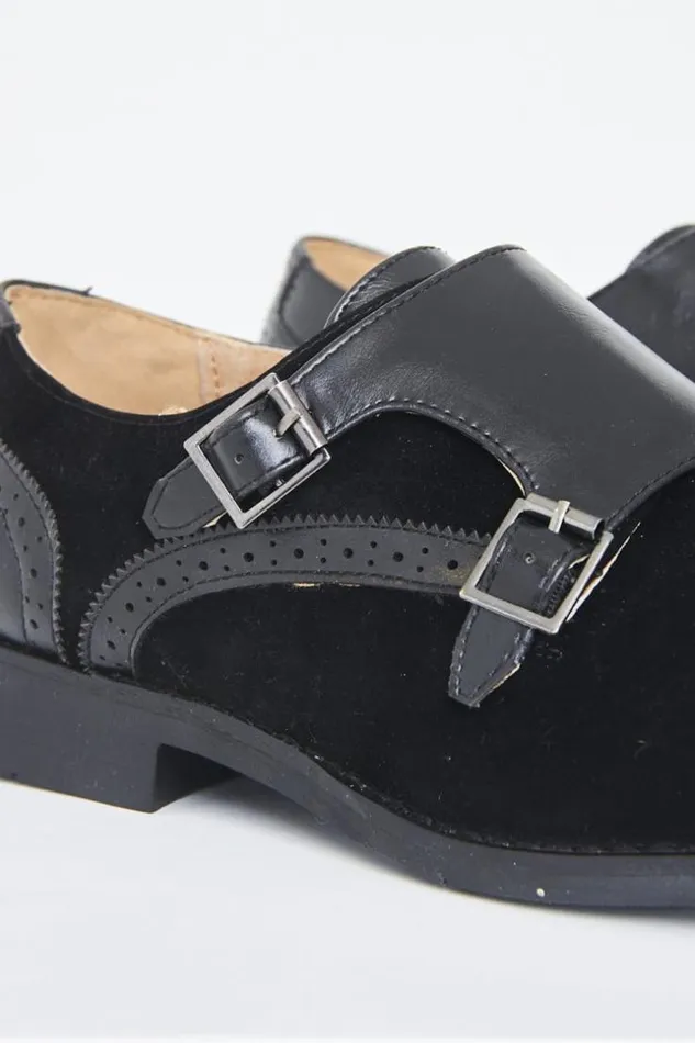 Men Derby With Black Buckles In Bimaterial Imitation Suede Leather Black Brentiny Paris Dress Shoes