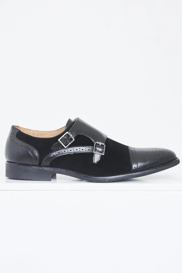 Men Derby With Black Buckles In Bimaterial Imitation Suede Leather Black Brentiny Paris Dress Shoes