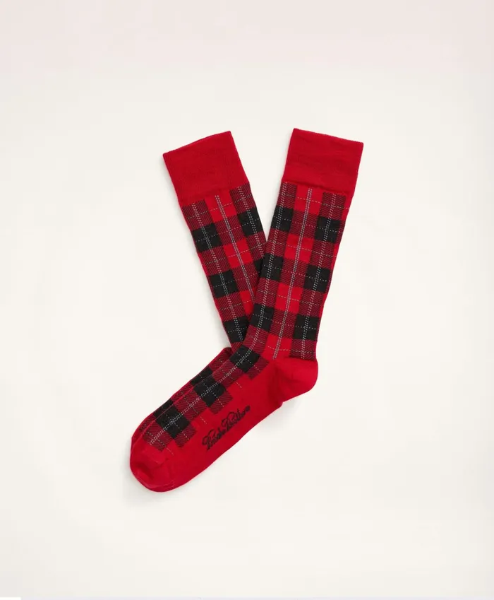 Men Tartan Crew Socks Dark Red Brooks Brothers Sock