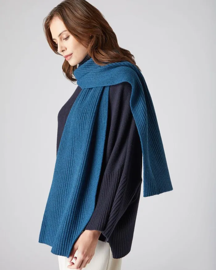 NPeal Cashmere Scarves WomenMen Unisex Short Ribbed Cashmere Scarf Lagoon Blue