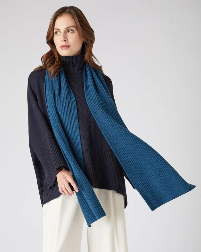 NPeal Cashmere Scarves WomenMen Unisex Short Ribbed Cashmere Scarf Lagoon Blue
