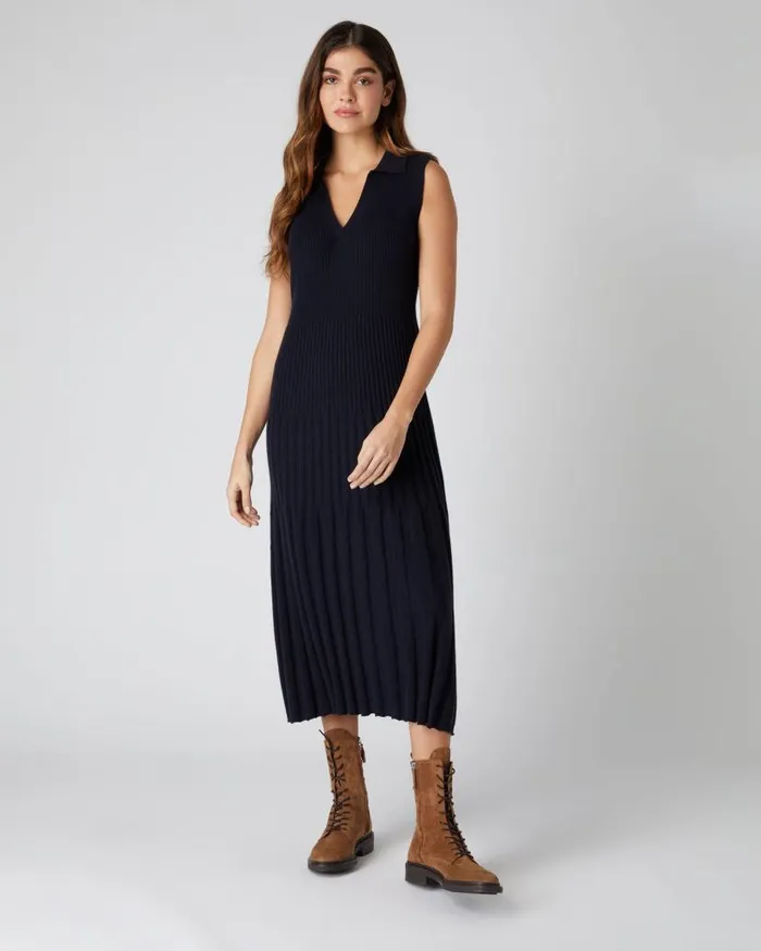 NPeal Dresses and Skirts Women Collared Rib Cashmere Dress Navy Blue