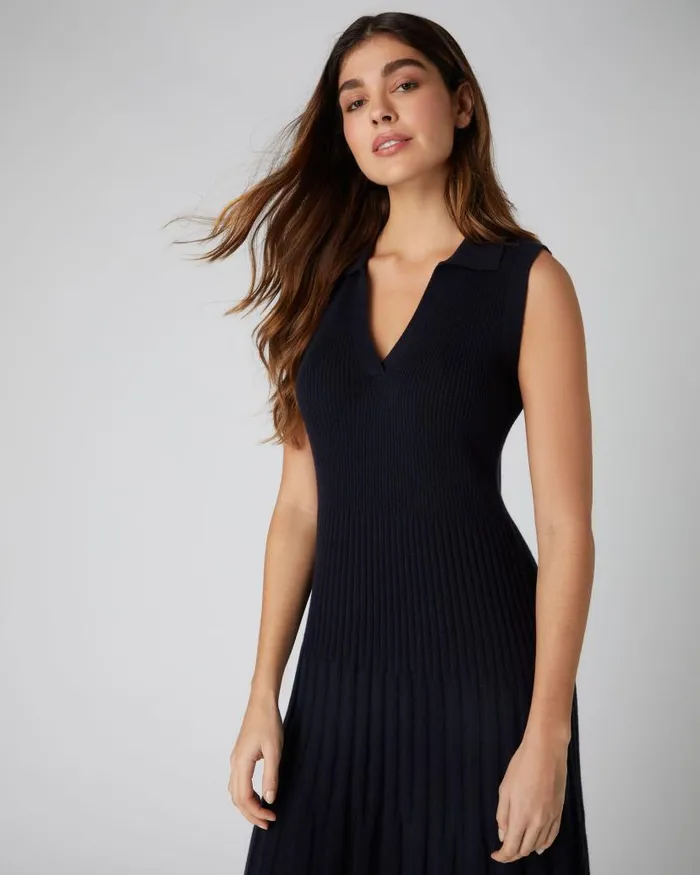 NPeal Dresses and Skirts Women Collared Rib Cashmere Dress Navy Blue
