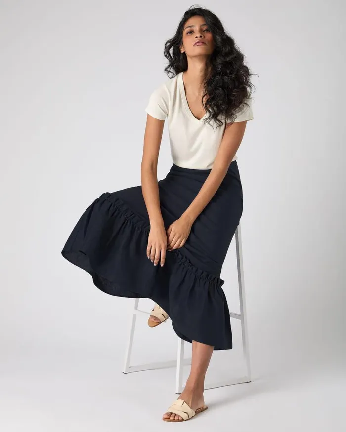 NPeal Dresses and Skirts Women Sofia Ruffle Linen Skirt Navy Blue