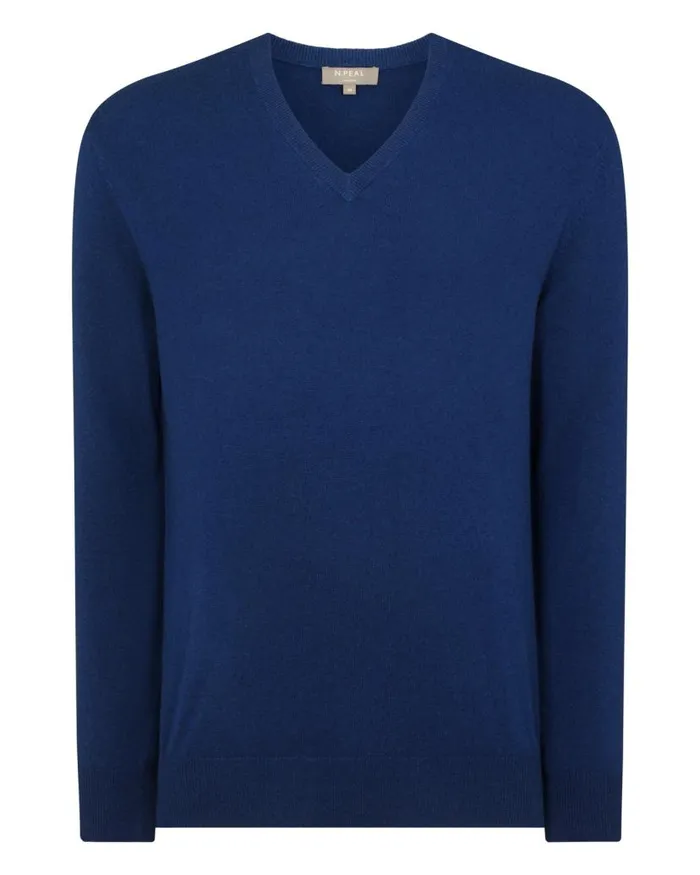 NPeal Jumpers Men Burlington V Neck Cashmere Jumper French Blue