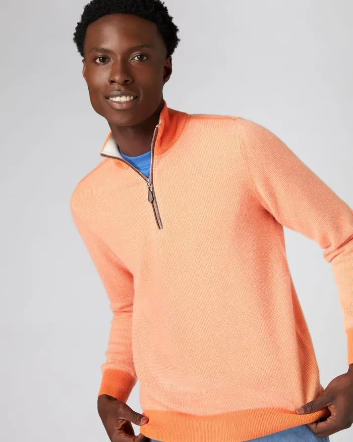 NPeal Jumpers Men Carnaby Half Zip Birdseye Cashmere Jumper Papaya Orange