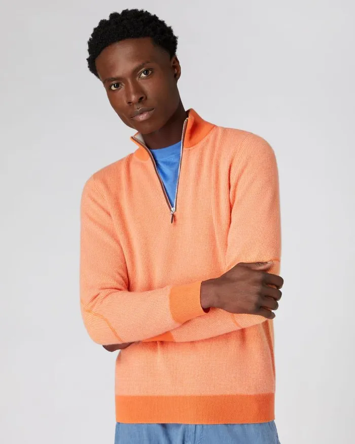 NPeal Jumpers Men Carnaby Half Zip Birdseye Cashmere Jumper Papaya Orange