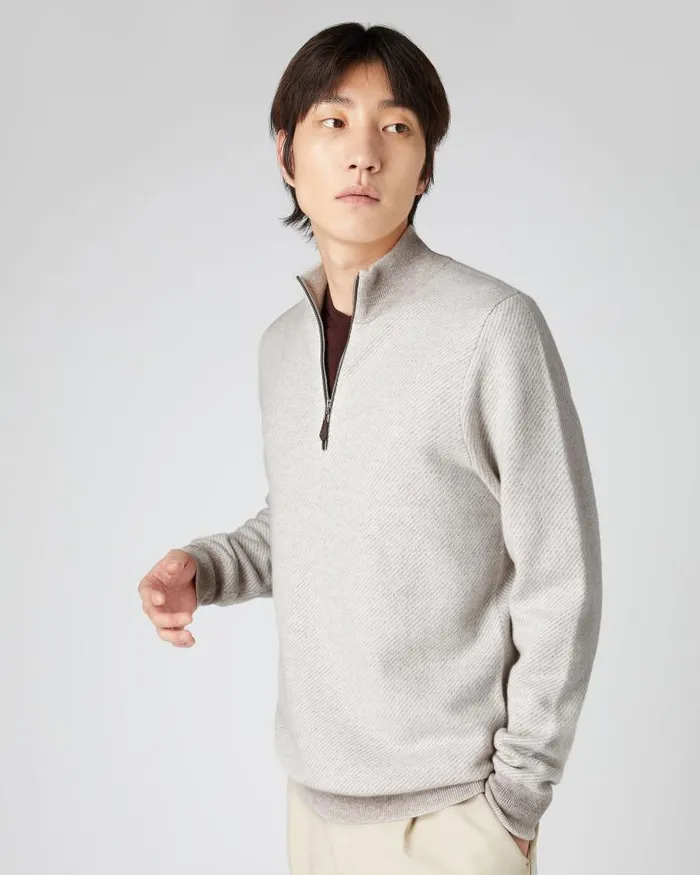 NPeal Jumpers Men Diagonal Stripe Half Zip Cashmere Jumper Sand Brown