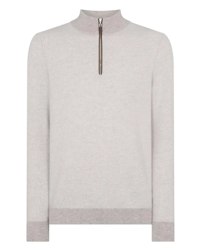 NPeal Jumpers Men Diagonal Stripe Half Zip Cashmere Jumper Sand Brown