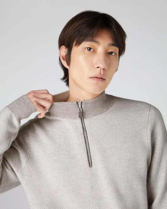 NPeal Jumpers Men Diagonal Stripe Half Zip Cashmere Jumper Sand Brown