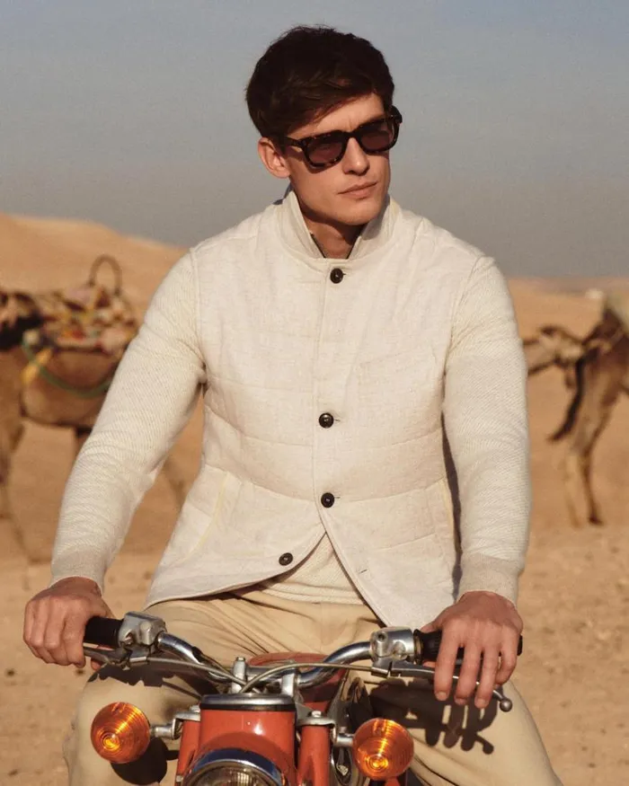 NPeal Jumpers Men Diagonal Stripe Half Zip Cashmere Jumper Sand Brown