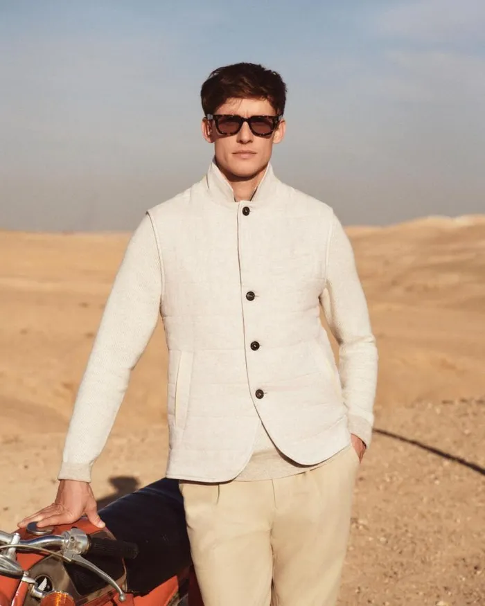 NPeal Jumpers Men Diagonal Stripe Half Zip Cashmere Jumper Sand Brown