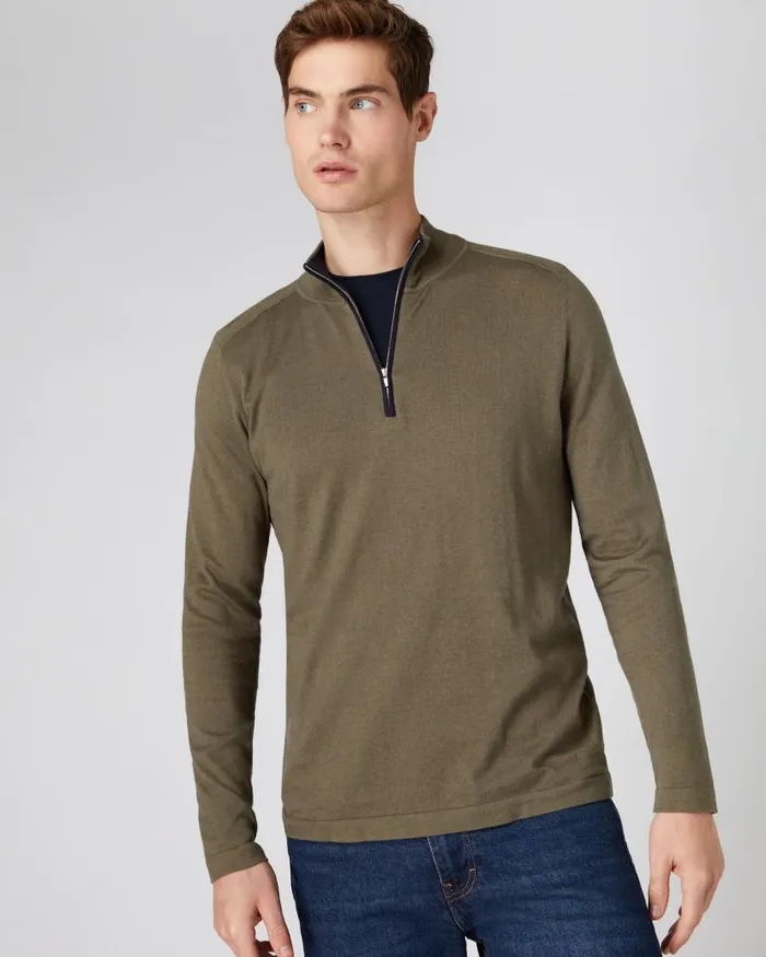 NPeal Jumpers Men Half Zip Cotton Cashmere Jumper Khaki Green