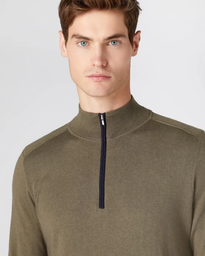 NPeal Jumpers Men Half Zip Cotton Cashmere Jumper Khaki Green