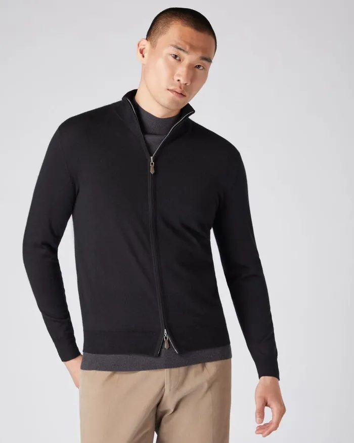 NPeal Jumpers Men Hyde Fine Gauge Cashmere Full Zip Jumper Black