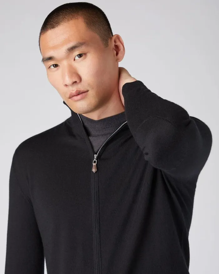 NPeal Jumpers Men Hyde Fine Gauge Cashmere Full Zip Jumper Black