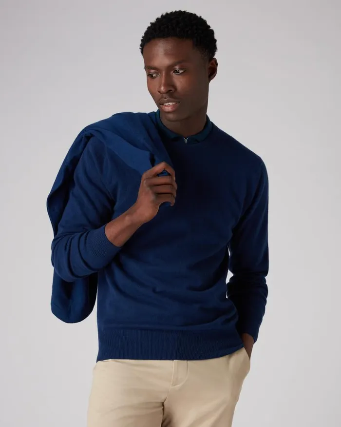 NPeal Jumpers Men Oxford Round Neck Cashmere Jumper French Blue