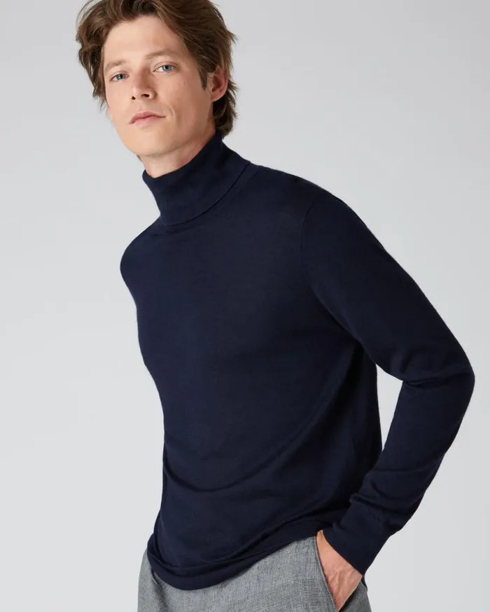 NPeal Jumpers Men Pimlico Fine Gauge Cashmere Roll Neck Jumper Navy Blue