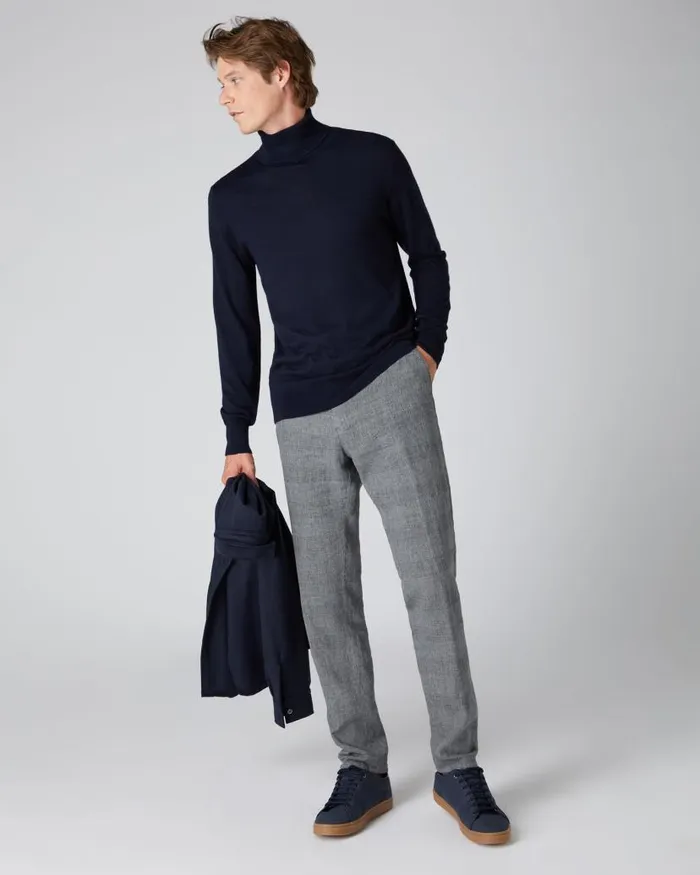 NPeal Jumpers Men Pimlico Fine Gauge Cashmere Roll Neck Jumper Navy Blue