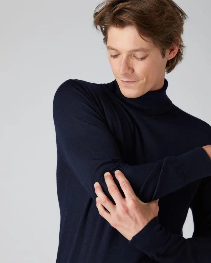 NPeal Jumpers Men Pimlico Fine Gauge Cashmere Roll Neck Jumper Navy Blue