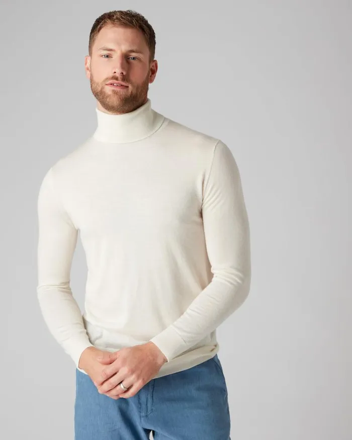 NPeal Jumpers Men Pimlico Fine Gauge Cashmere Roll Neck Jumper New Ivory White