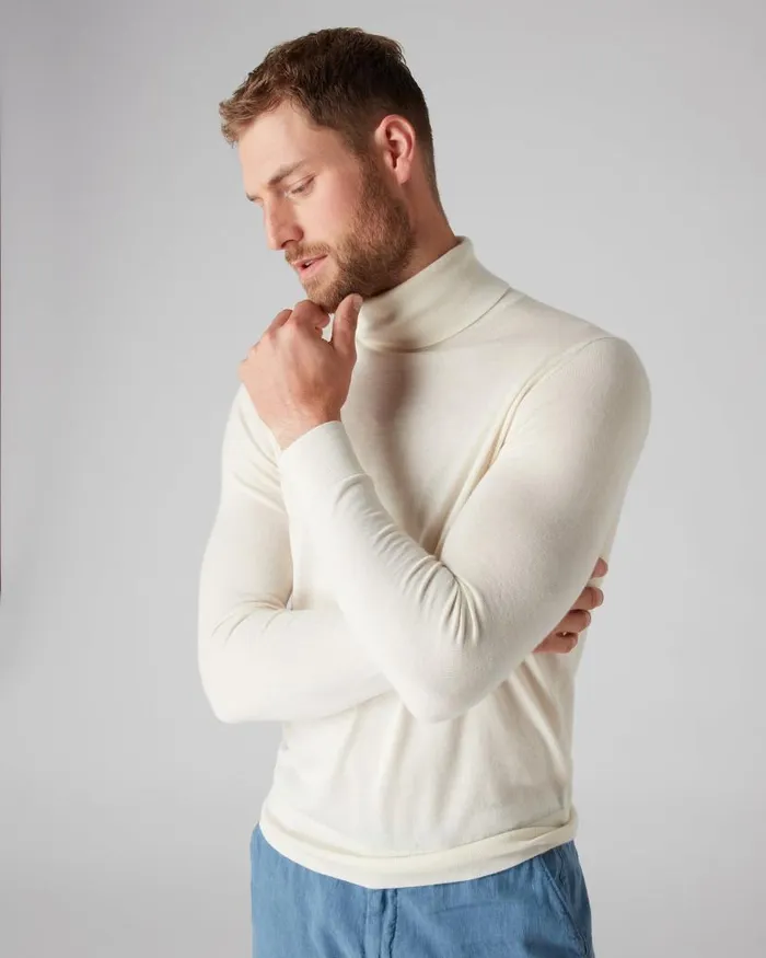 NPeal Jumpers Men Pimlico Fine Gauge Cashmere Roll Neck Jumper New Ivory White