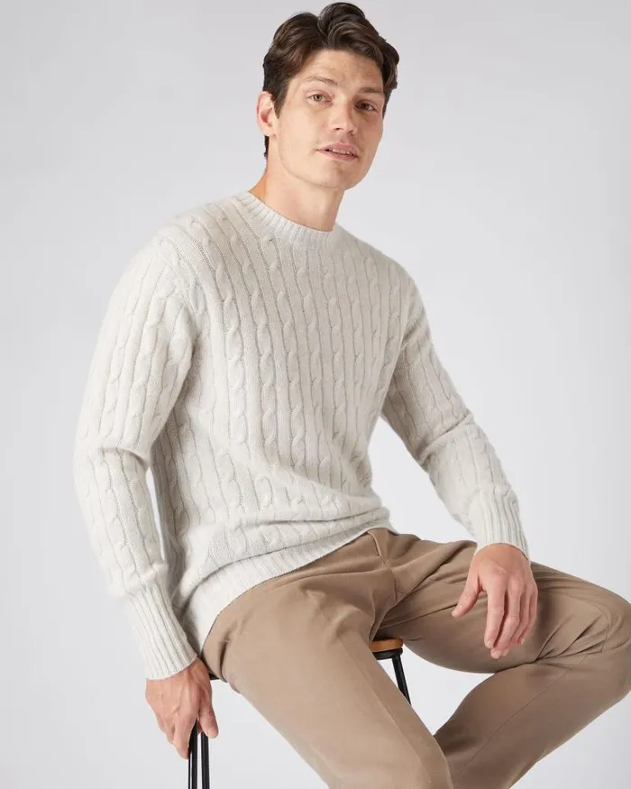 NPeal Jumpers Men Thames Cable Round Neck Cashmere Jumper Pebble Grey