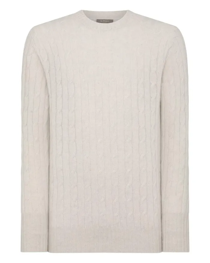 NPeal Jumpers Men Thames Cable Round Neck Cashmere Jumper Pebble Grey