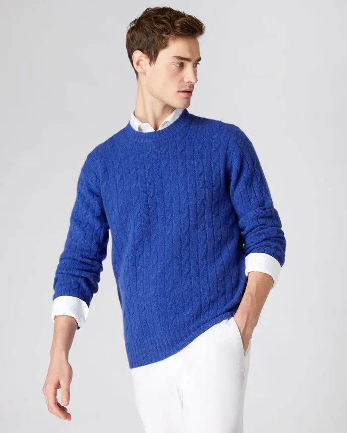 NPeal Jumpers Men The Thames Cable Cashmere Jumper Nile Blue