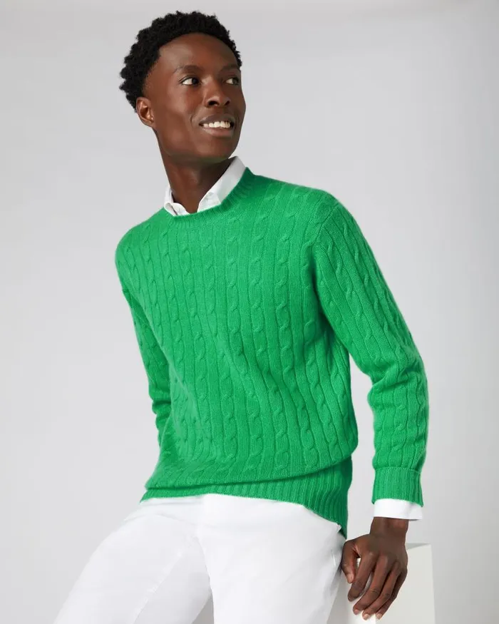 NPeal Jumpers Men The Thames Cable Cashmere Jumper Parrot Green