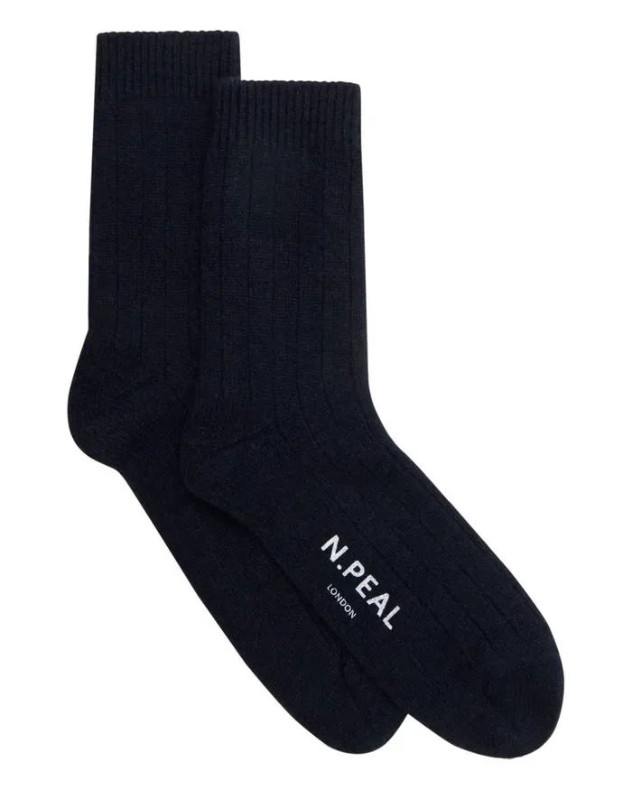 NPeal Socks Men Rib Cashmere House Socks Navy Blue