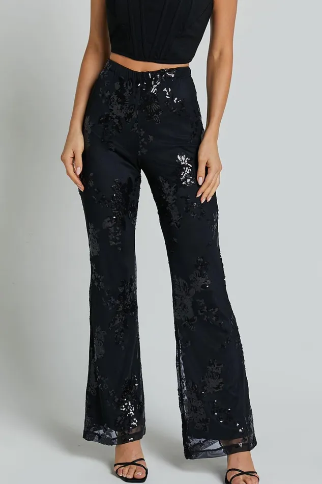 Ortiz Pants 8211 High Waist Straight Leg Sequin Pants In Black Floral Women Showpo Pants