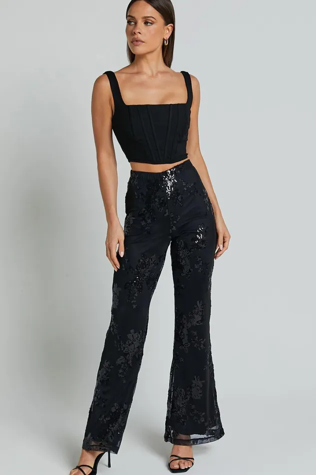 Ortiz Pants 8211 High Waist Straight Leg Sequin Pants In Black Floral Women Showpo Pants